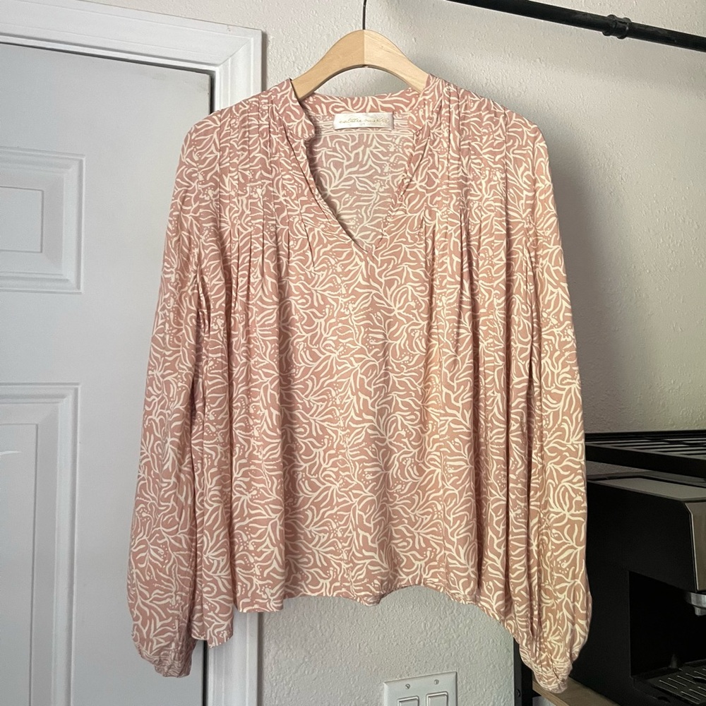 NATALIE MARTIN dusty rose blush pink rayon botanical puff long sleeve blouse